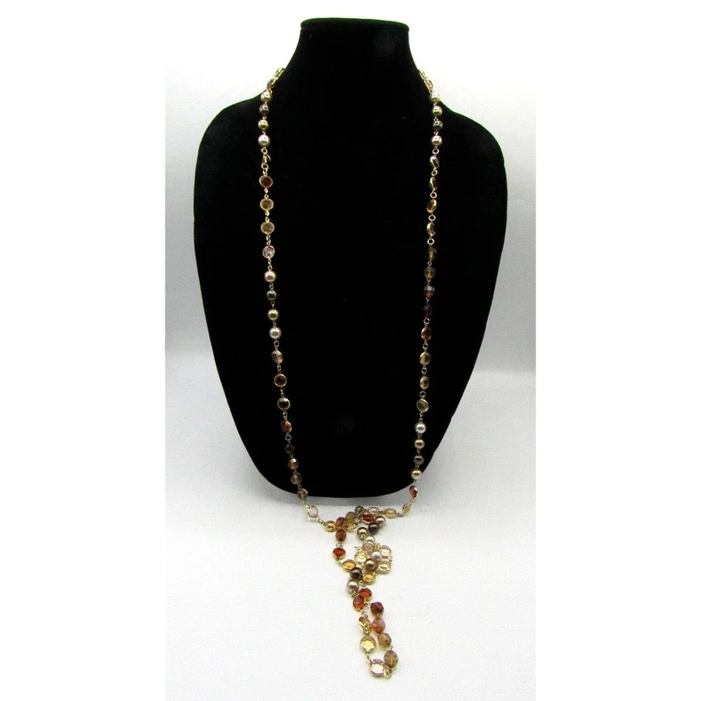 Premier Designs Amber/Citrine Lucite Bezel Beaded Faux Pearl Gold Tone Necklace - Picture 5 of 5